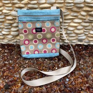 MADISON Small Hipster Crossbody Bag Blue Suede & Polka Dots Adjustable Strap EUC